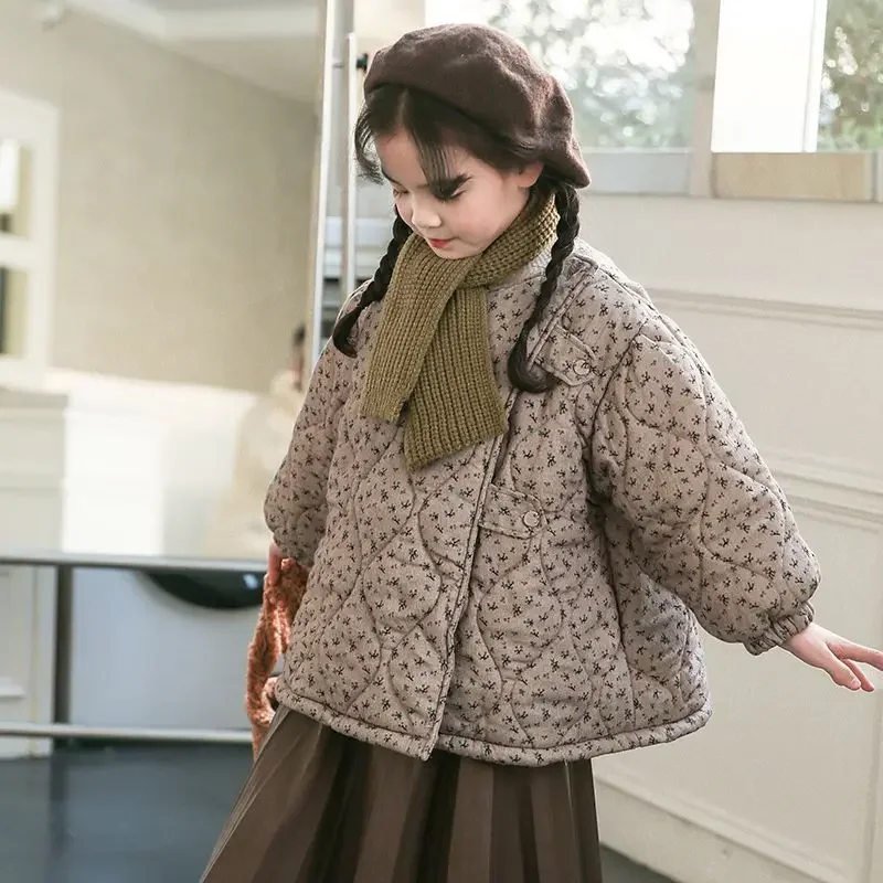 

Girl Top 2023 New Autumn Winter Korean Fashion Style Mid Length Coat Girls Floral Padded Jacket Children Long Sleeve Outerwear