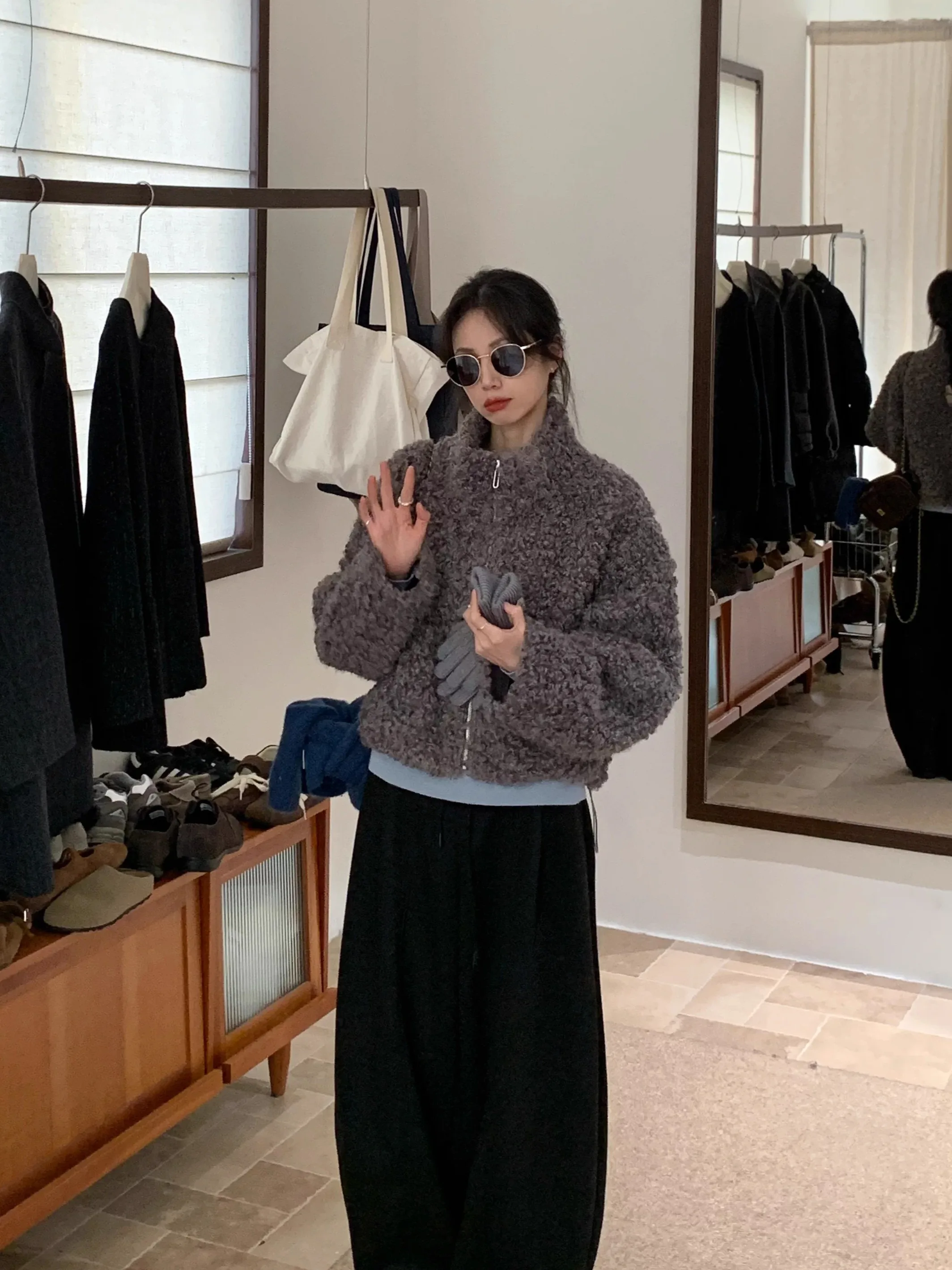 

BRIVIN ey Stand Collar Faux Fur ort Jaet Women's Loose Thiened Winter Faion Slimming Top Casual Sle Long Sve