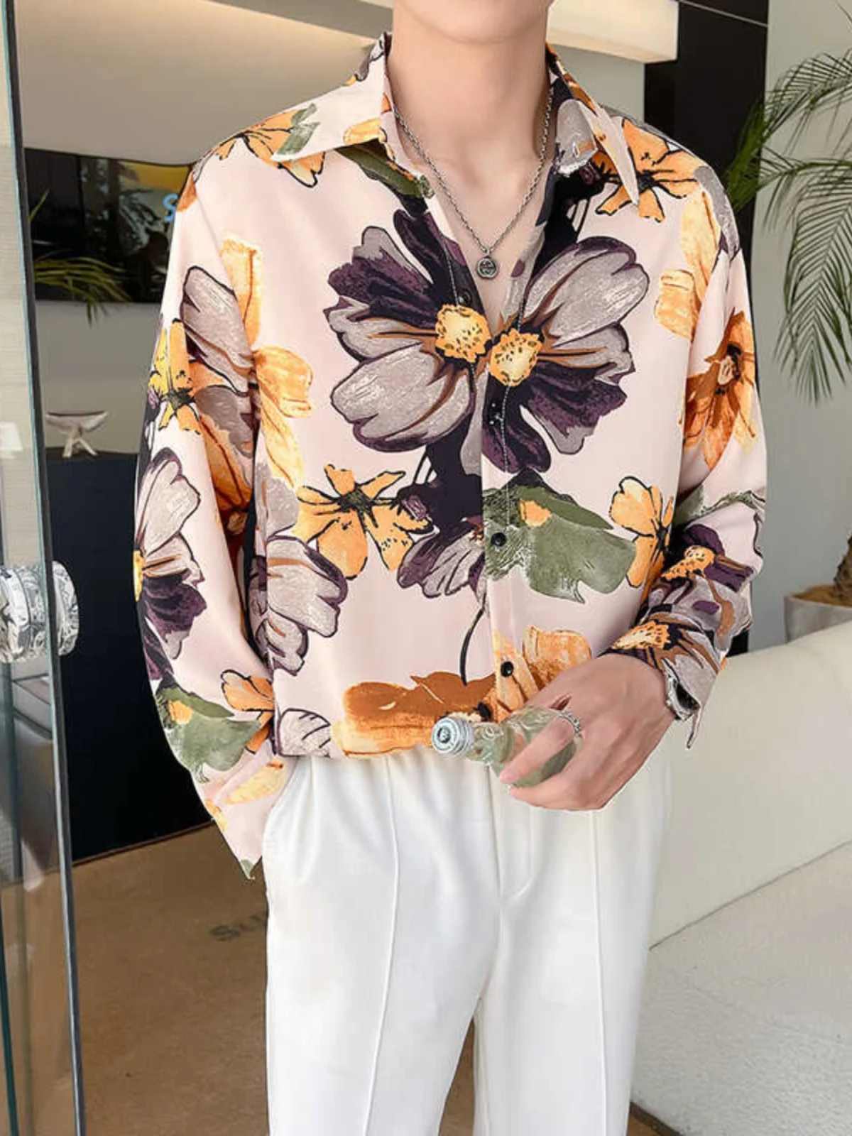Loose Ice Silk Long Sleeve Men's Shirt Floral Design Casual Korean Style Standard Fit Autumn Wear Daily Occasion No Ironing N...
