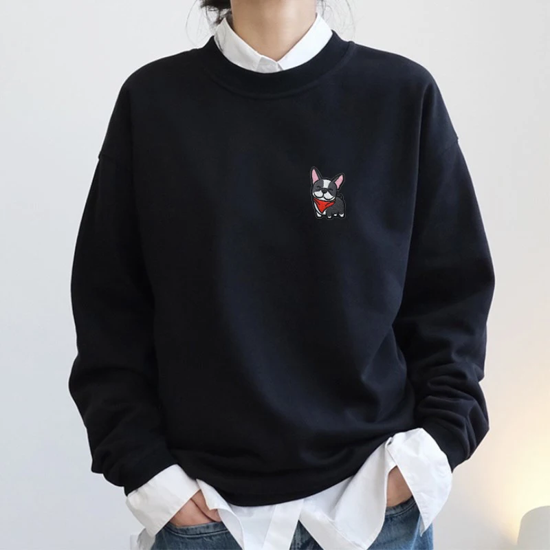 

2025 Women's Fashion Black O-Neck Hoodie Cute Puppy Embroidered Velvet Sweatshirt Women Thick Warm Loose Long Sleeve Pullover ﻿