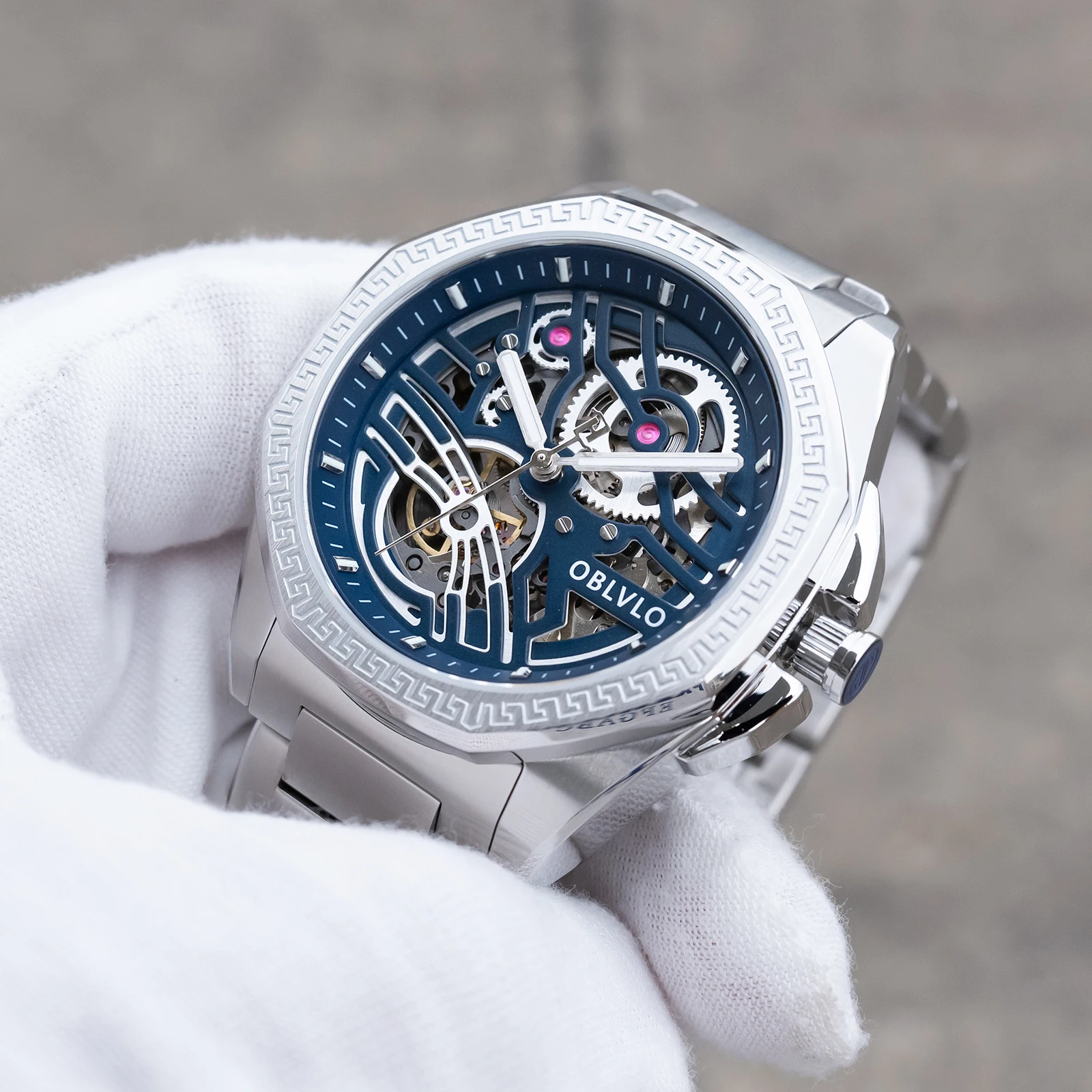 OBLVLO Men's Elegant Blue Dial Mechanical Watch Hollow-out Stainless Steel Octagon Bezel Automatic Bracelet Band Timepiece CAM