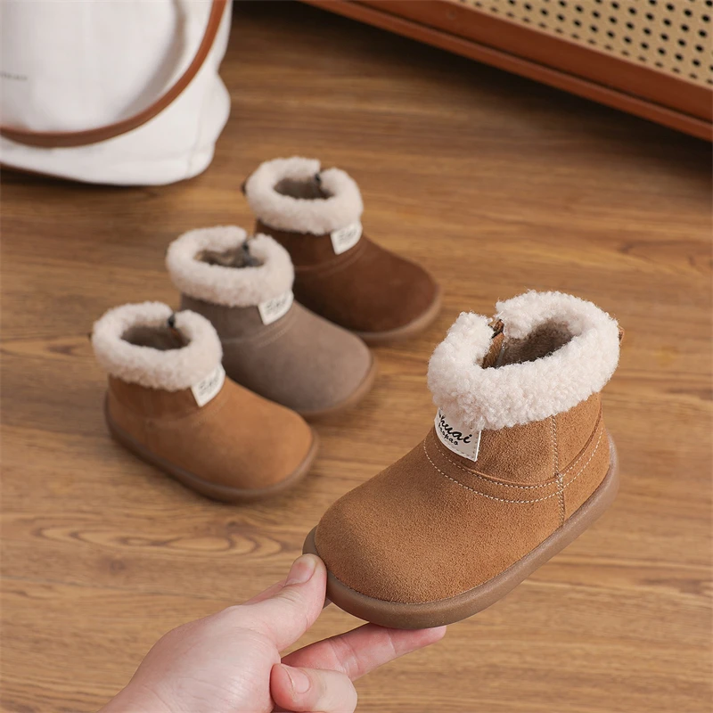

Autumn Winter Baby Girls Boys Genuine Leather Snow Boots Outdoor Children Shoes Non-slip Soft Sole Toddler Kids Plush Boots