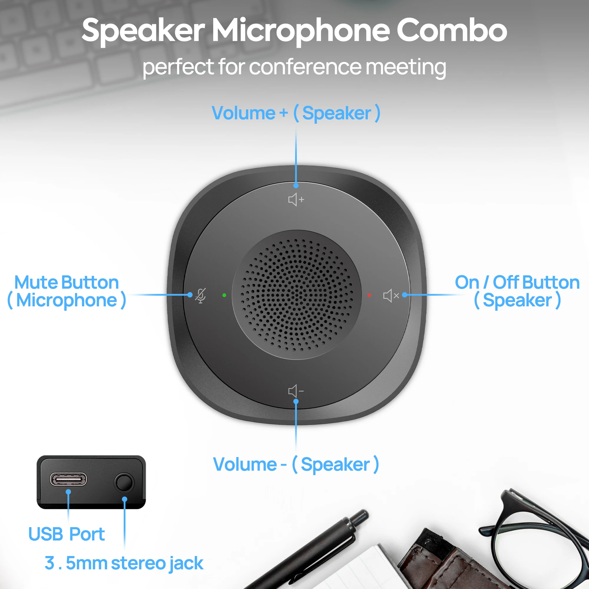 Microfone USB Conference Speaker, Tecla de toque com fio, Omni Mic, Captador direcional de alto volume, PnP para laptop, Notebook