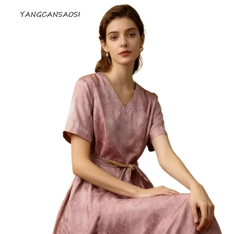 

Women's Fashion Summer Clothing Double Sided 100% Natural Mulberry Silk Flower Luo V-neck Short Sleeved Belt Design A-word Dress