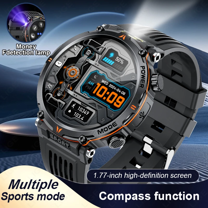 

LIGE New Military Men Smart Watch 1.77" Compass LED Flashlight IP68 Waterproof Bluetooth Call Sports Smartwatch For Android ios