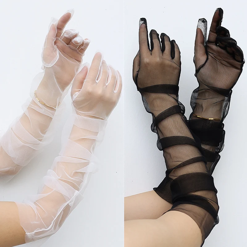 Women Sexy Lace Gloves White Black Mesh Tulle Gloves Lady Summer Sunscreen Mittens Lady Driving Gloves Thin Elbow Long Glove