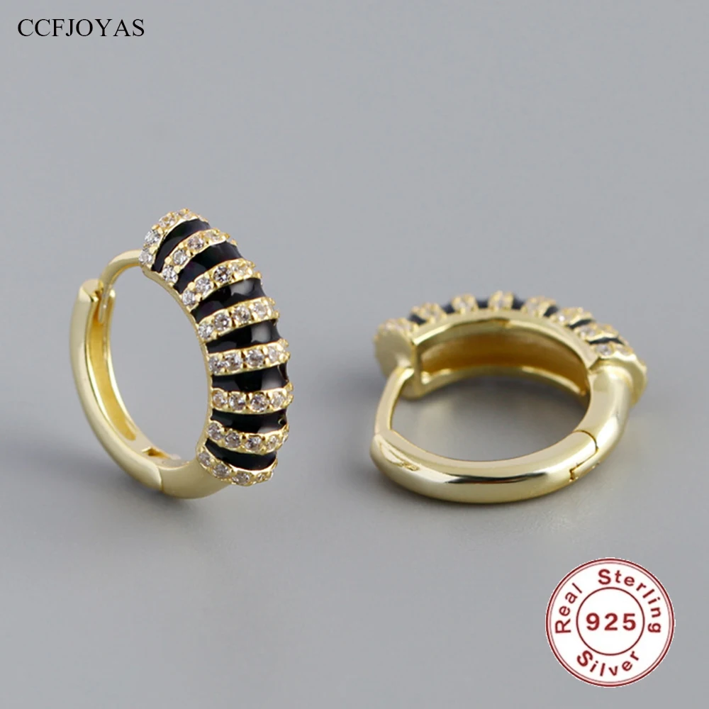 

CCFJOYAS High Quality 925 Sterling Silver Black Enamel inlaid Zircon Hoop Earrings for Women Engagement/Wedding Earrings Gift