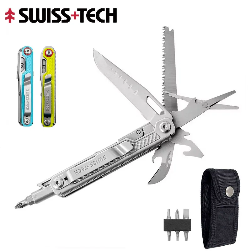 SWISS TECH 11 in 1 Mini Multitool Folding Knife EDC Camping Survival Tools Outdoor Pocket Knife Scissors Screwdriver
