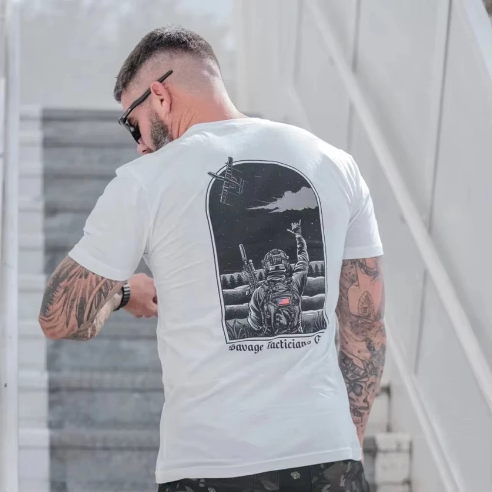 2026 Military Tactical Tee Night Scene Soldier With Airplane Arch Art Print Cotton Short Sleeve Outdoor Combat Training T Shirt