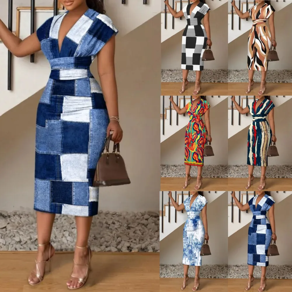 

Dresses For Women Summer New V-neck Slim Hip-hugging Sexy Printed Women's Dress Office Mid-length Dress