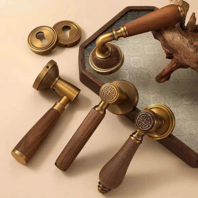 Retro Log Wind Bedroom Door Lock Indoor Wooden Door Household Lock Universal Magnetic Silent Walnut Door Handle