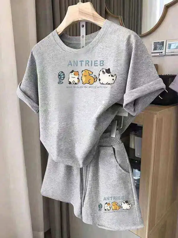 

Casual Sportswear Set Women's Summer plus Size Loose Slimming Short Sleeve Shorts Two Piece Set Trendy Breathable Cotton Blend