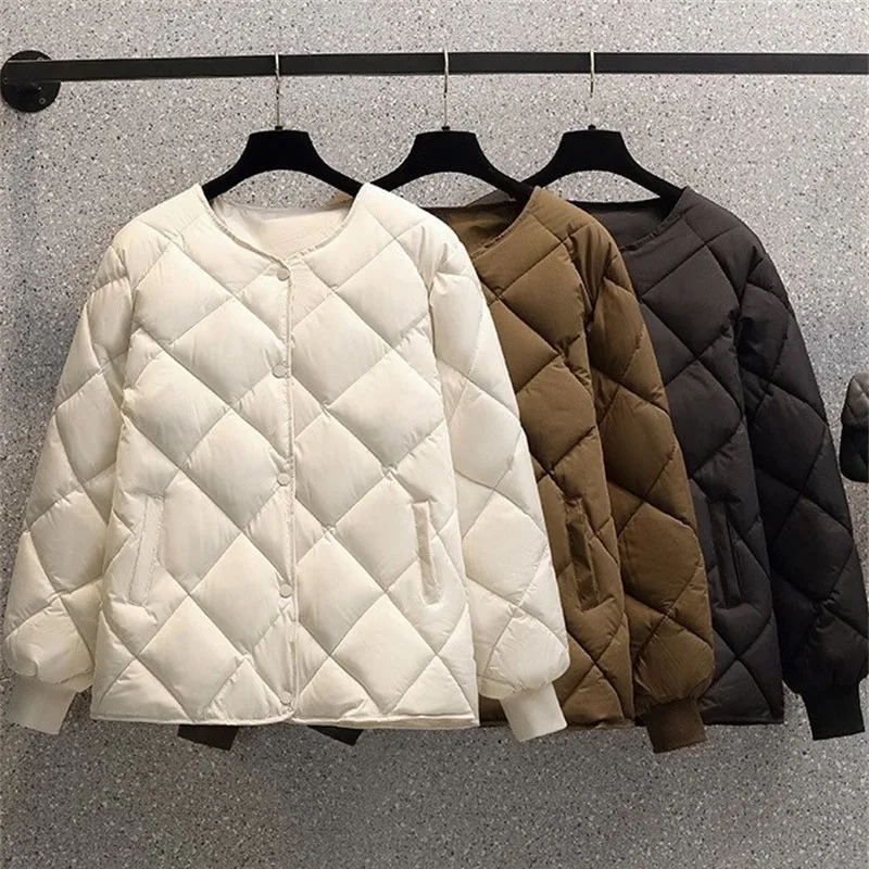 

2025 Short Cotton-padded Jacket Female Down Cotton Coat Autumn Winter Women Light Thin Quilted Lattice Parkas Casual Tops Coats