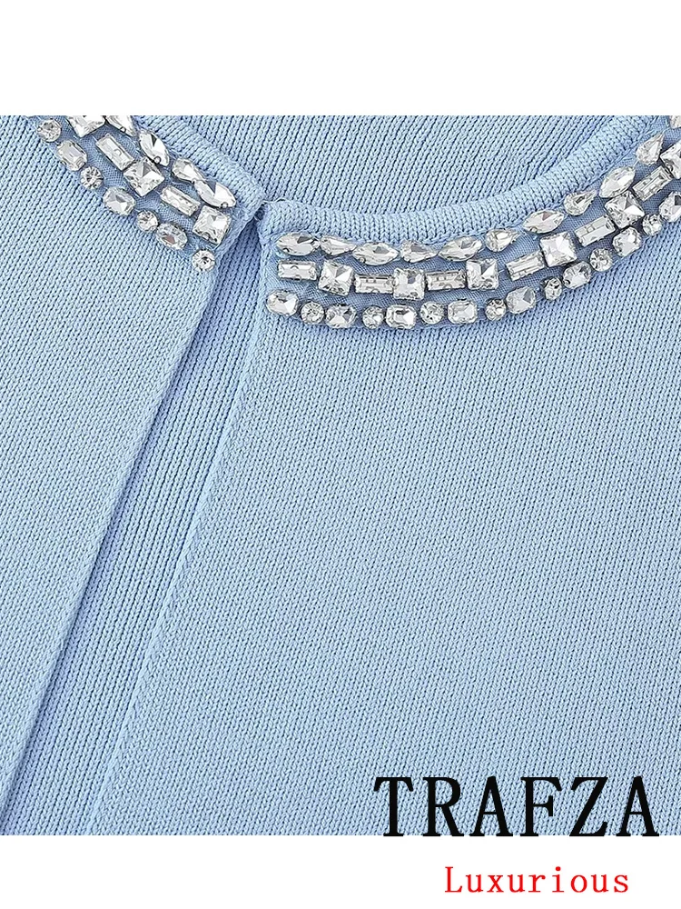 TRAFZA Vintage Casual Chic Women Blue Suit O-Neck Diamond Straight Cardigans+Sheath Mini Skirt Fashion 2024 Elegant Party Set