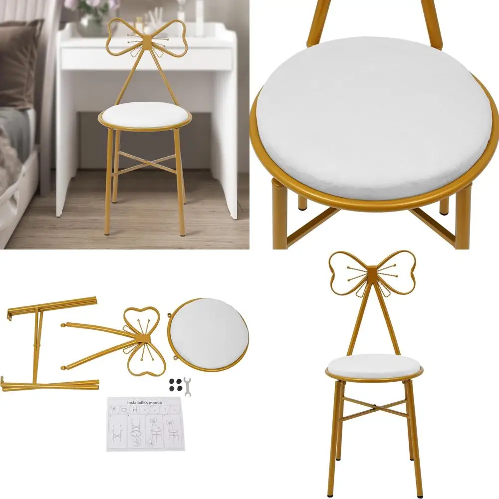 

White Upholstered Butterfly Backrest Vanity Chair with Metal Legs, 220 lbs Capacity, Ideal for Bedroom, Dressing Room, Living Ro