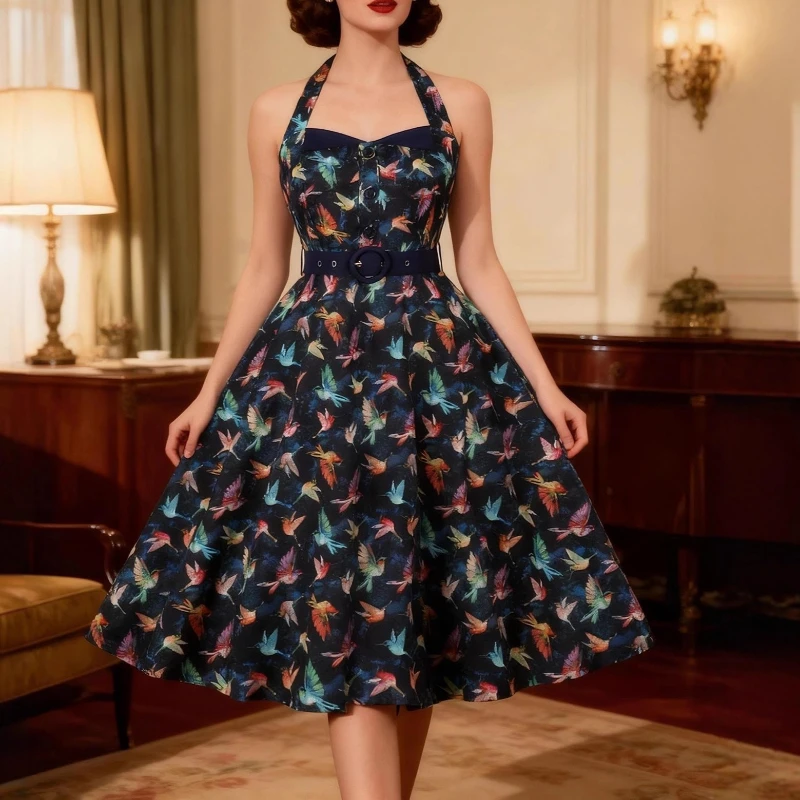 2026 New Vintage Summer Colorful Bird Hanging Neck Waist Cinching Backless Dress Women Clothing Knee-Length Empire Waist Dresses