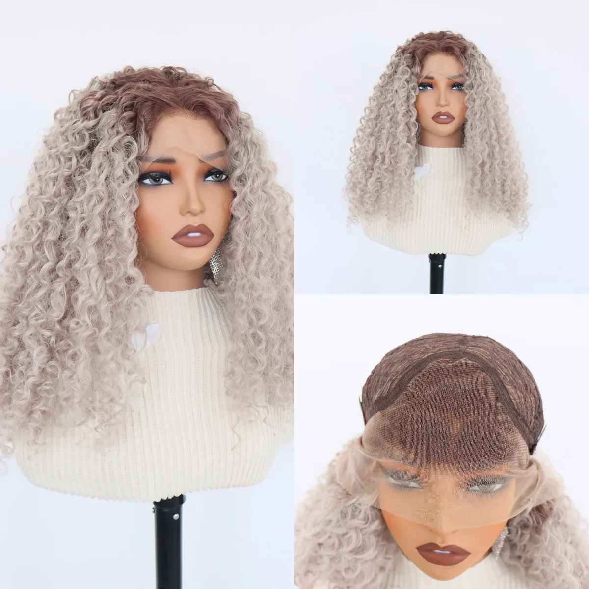 

Ombre Brown Grey Kinky Curly Lace Front Wig Synthetic High Temperature Fiber Transparent Lace Wigs Women Daily Party Hairstyle