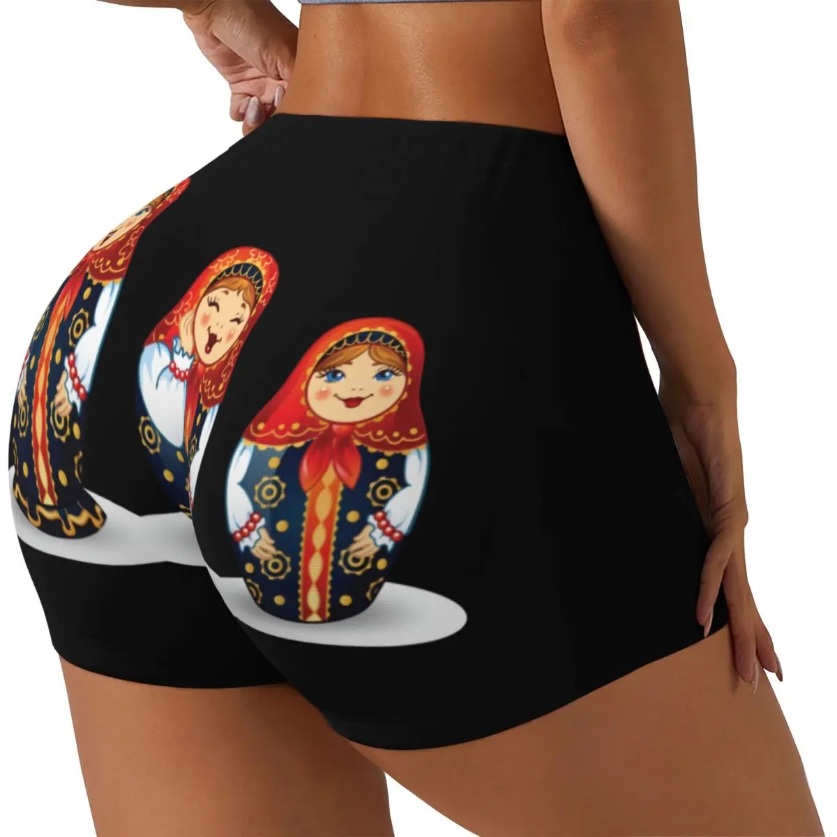 Custom Russian Traditional Art Matryoshka Doll Workout Biker Running Shorts Women's Nesting Doll Gym Yoga Shorts