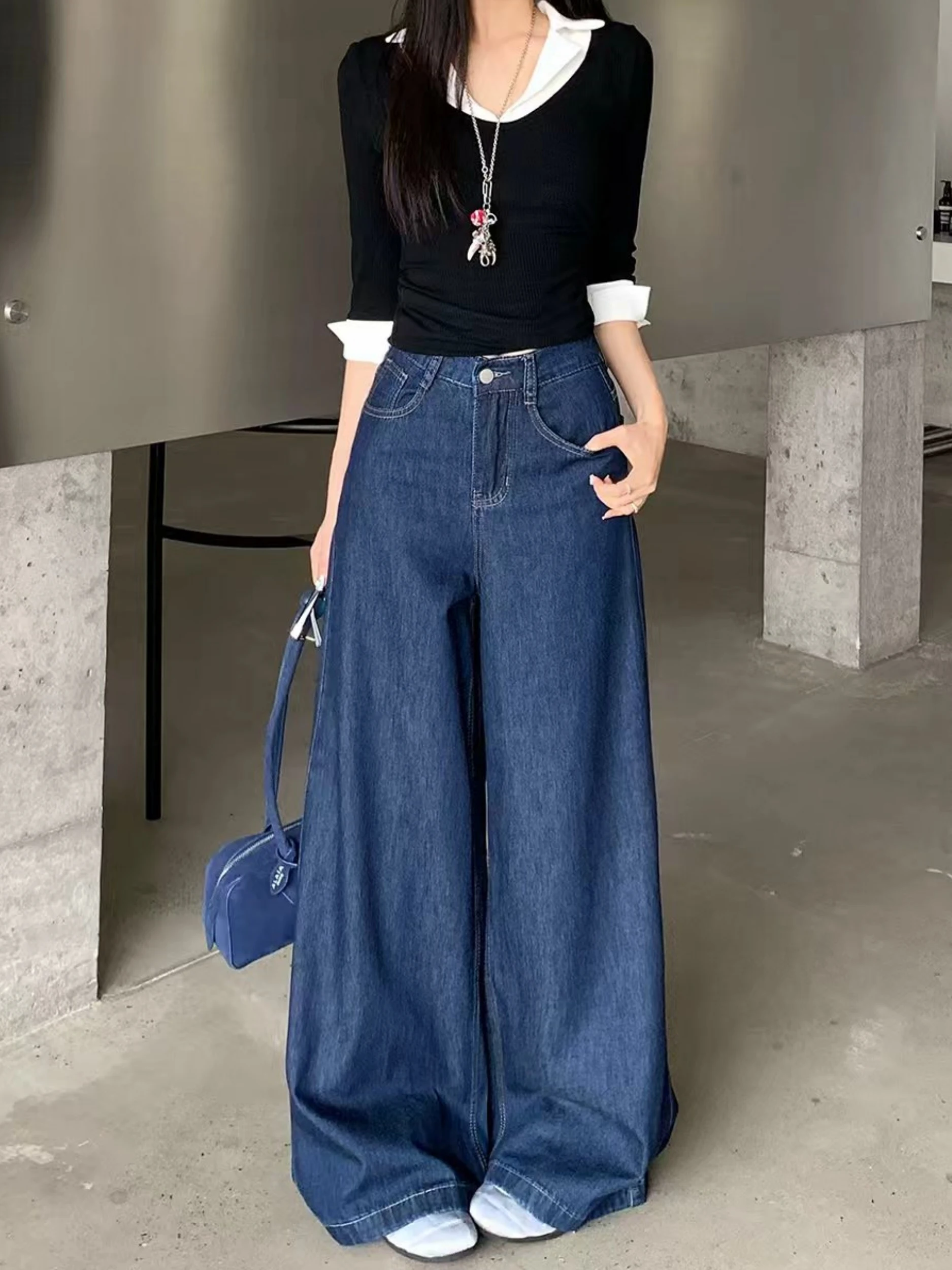 

plus Size Retro Deep Blue Denim High Waist Loose Wide Leg Pants Hiding Hip Spring New Style Ladies plus Size Jeans