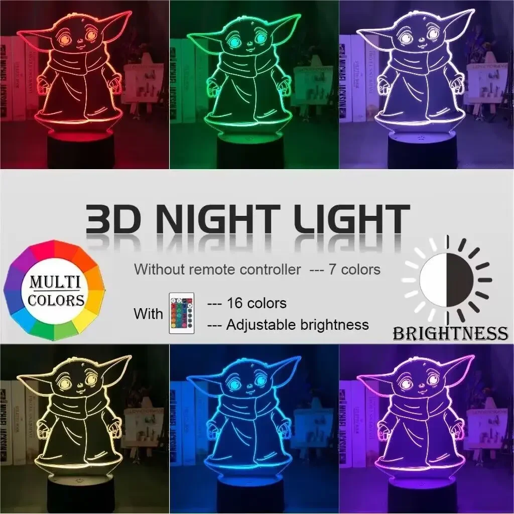 anime star wars baby yoda 3D night light with color changing acrylic led light for kids room decoration, gift for boys and girls