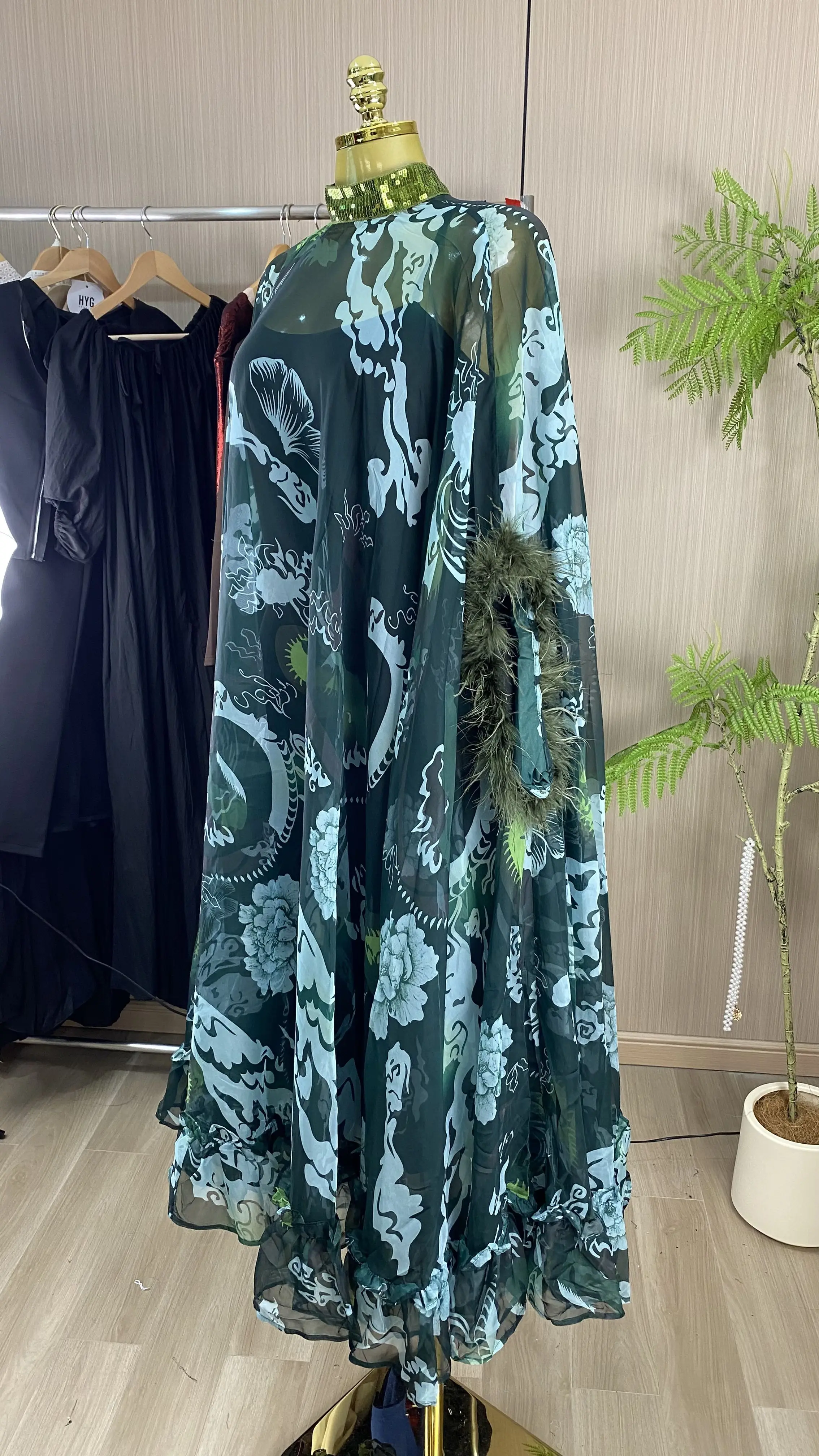 High-quality long-sleeved floral-print gown for women—suitable for summer, plus-size, formal events, and parties.-GZXX1009