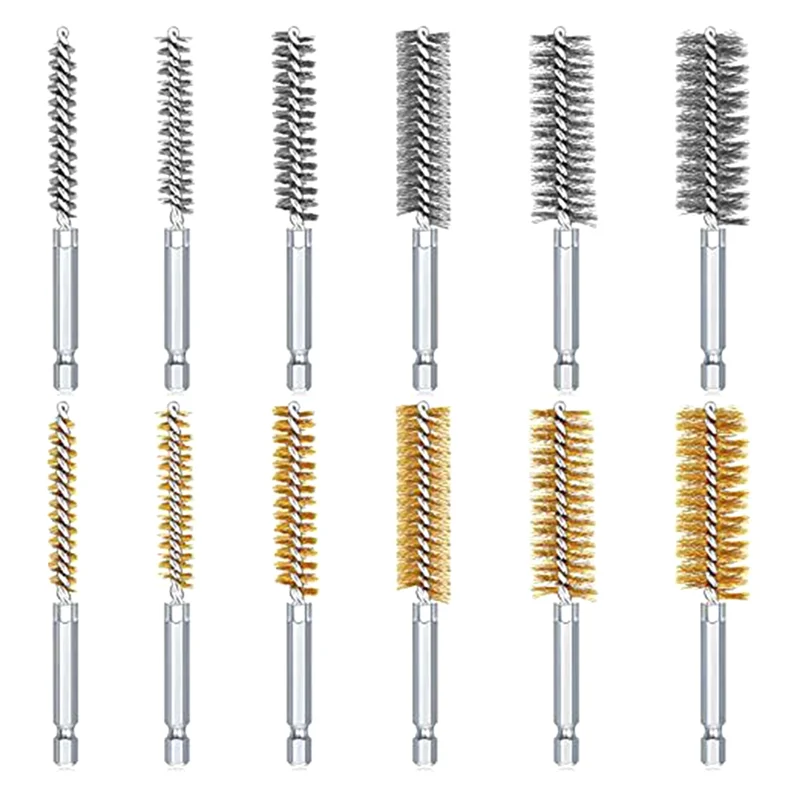 

12PCS Steel Bore Wire Brush Twisted Wire Stainless Steel Cleaning Brush with Handle 1/4 Inch Hex for Pipe Hole