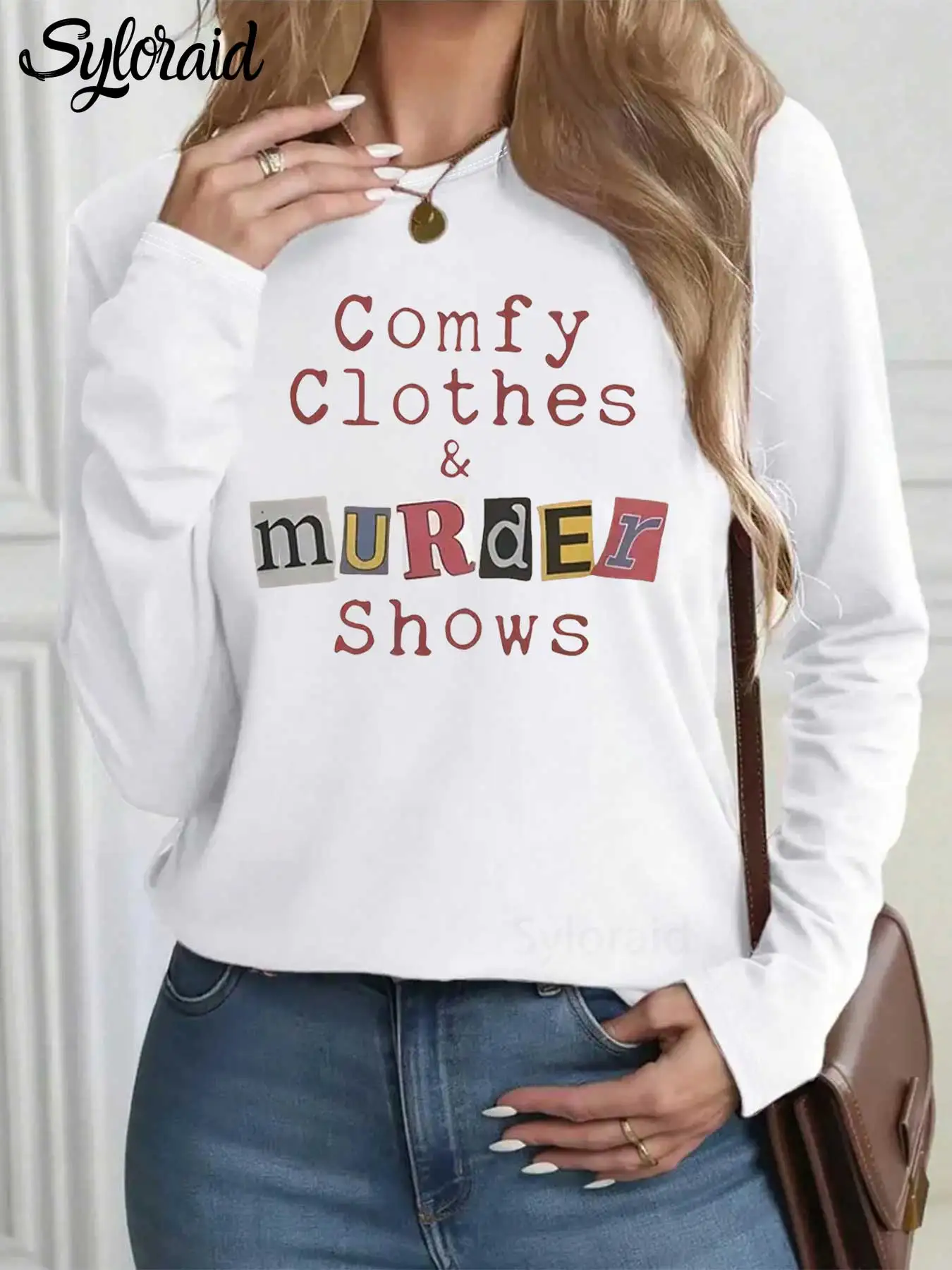 Women's Long Sleeve T Shirt Comfy Clothes & Murder Shows Lettering Print T Shirt Fashion Round Neck Casual Top