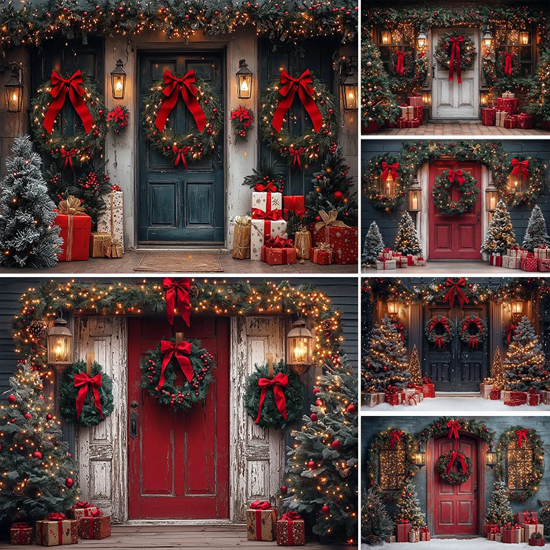

LS Winter Christmas Photography Background Xmas Warehouse Wooden Door Gifts Holiday Decor Child Portrait Photo Backdrops Studio