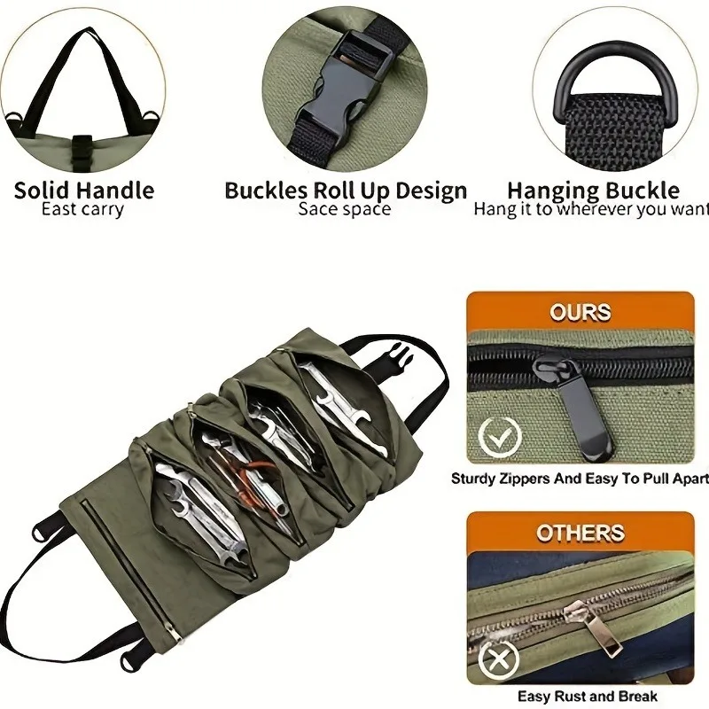 1pc Tool Roll, Multi-Purpose Roll Up Tool Bag, Car First Aid Kit Wrap Roll Storage Case, Hanging Tool Zipper Carrier Tote