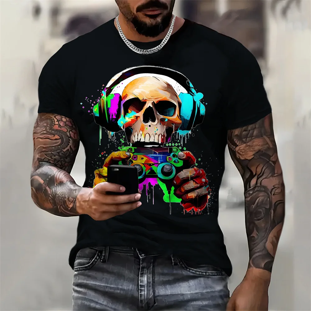 Summer Retro Men's T-Shirt Rock Pattern 3D Printing Fashion O Neck Short-Sleeved Casual Pullover Tops Black White Classic Tees