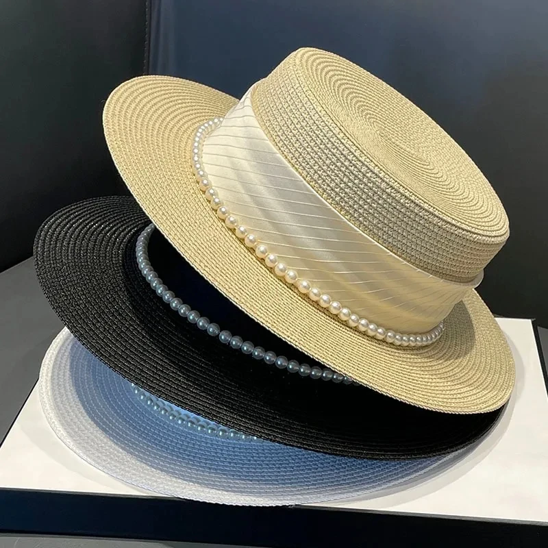 2025 verano playa elegante cadena de perlas sombreros planos para el sol para mujer Chapeau femenino sombrero de paja Panamá ala ancha Anti-UV gorra chica