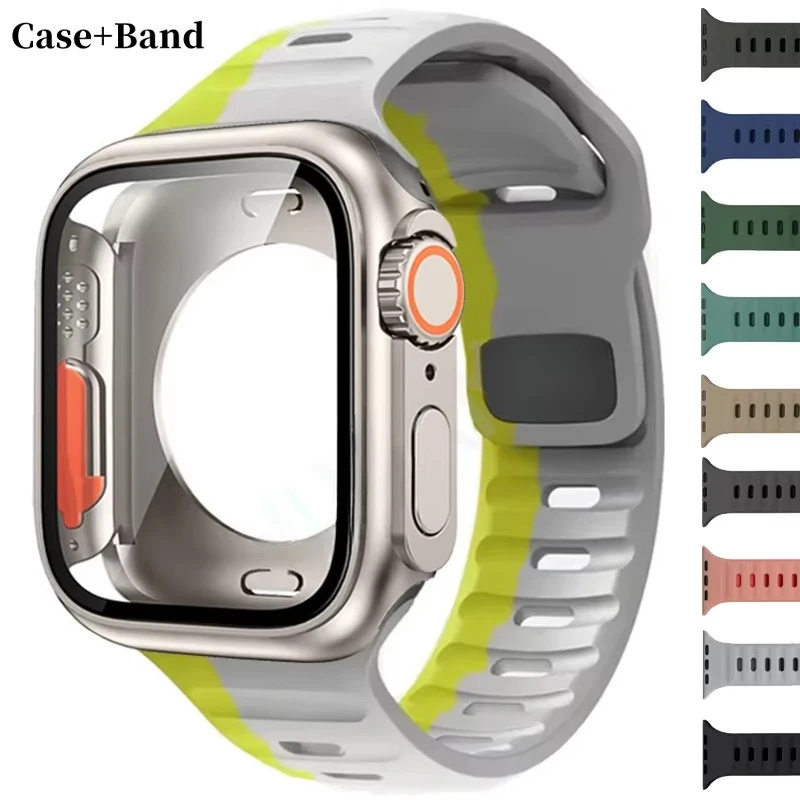 Case+Strap For Apple Watch Band 45mm 44mm 41 42 46mm Smart Silicone Bracelet Iwatch Series 5 6 Se 7 8 9 10 Change To Ultra Case