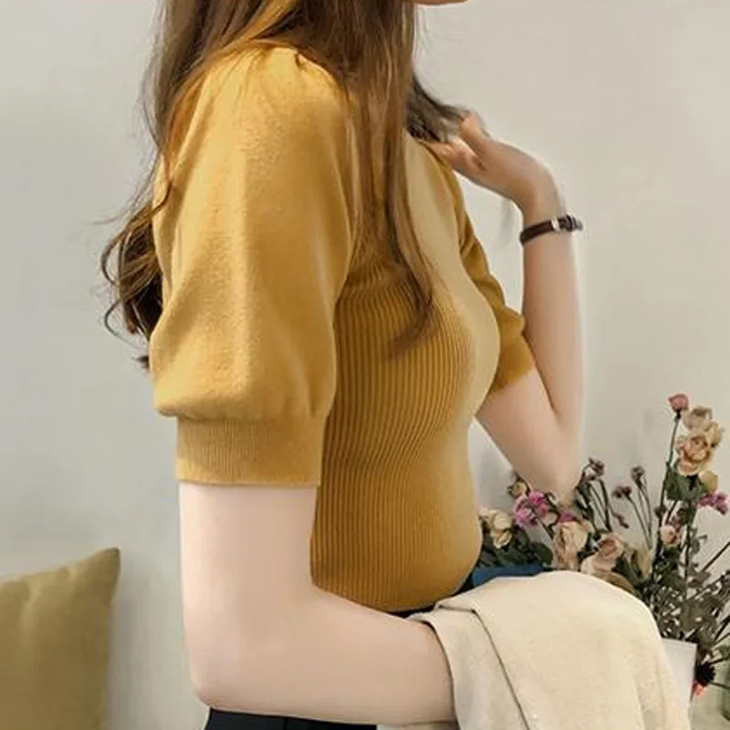 New Knitted Bottoming Woman T-shirts 2024 Casual Short Sleeve Women\'s Tops Slim Summer Lady Clothes Women Knit Shirts 15662