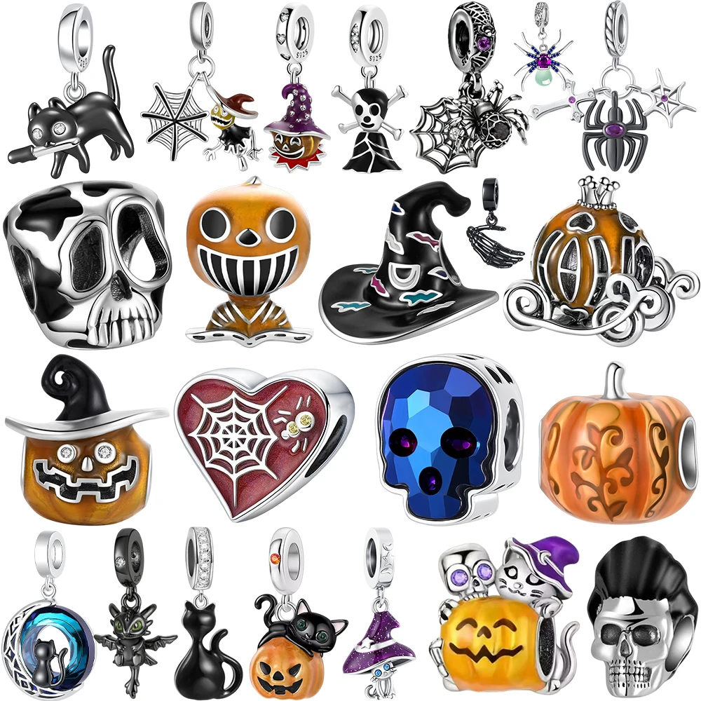Pumpkin Spider 925 silver Halloween Ghost Witch Skeleton Dangle Charms Beads Fit Bracelet Necklace Keychain Fashion Diy Jewelry