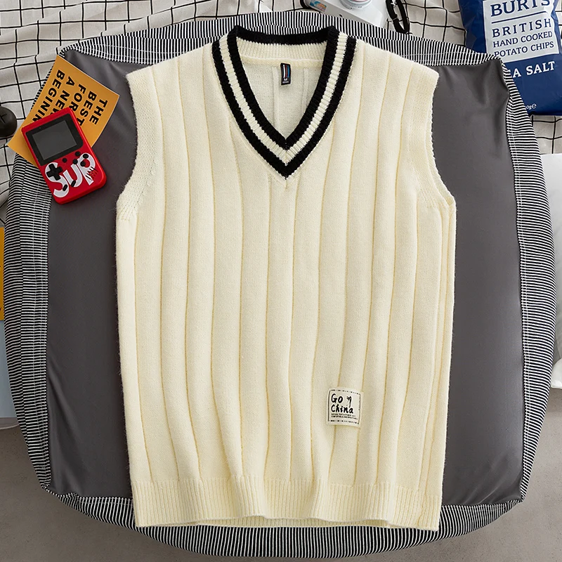 Men\'s Preppy Style Sweater Vest V-Neck Sleeveless Sweater Vest Fashion Campus Pullovers Classic Fit Tank Tops