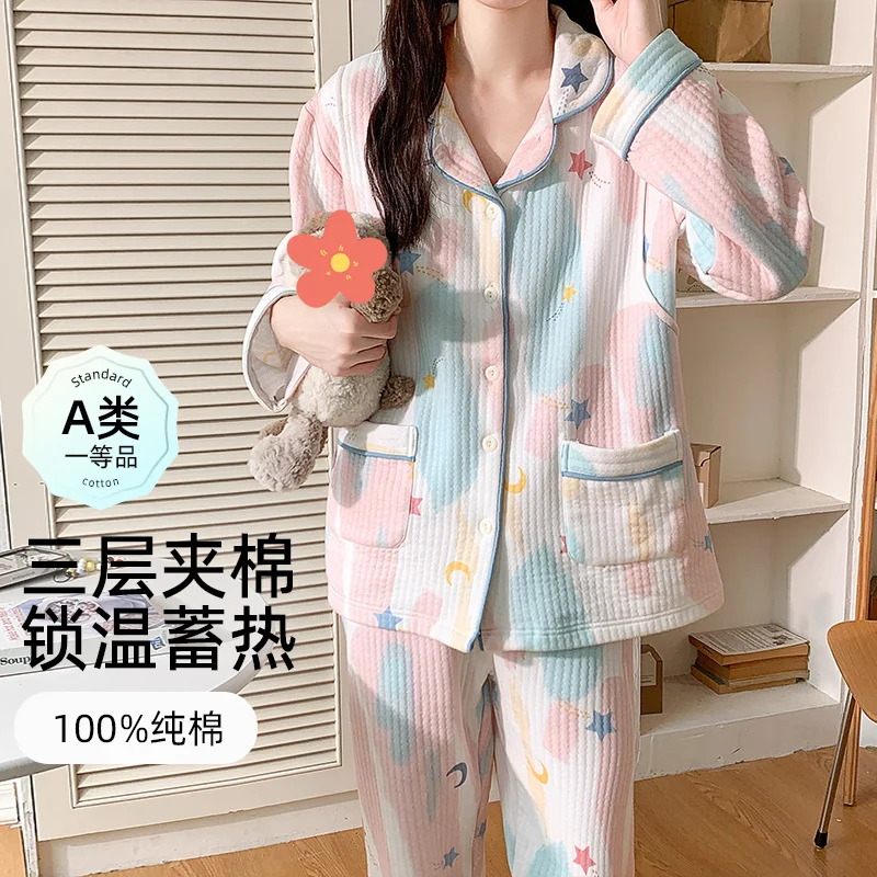 

Women's pajamas autumn winter new model keep warm Sleepwear suit Cotton Pajama Set homewear Cute Pajama Set thicken fleece-line