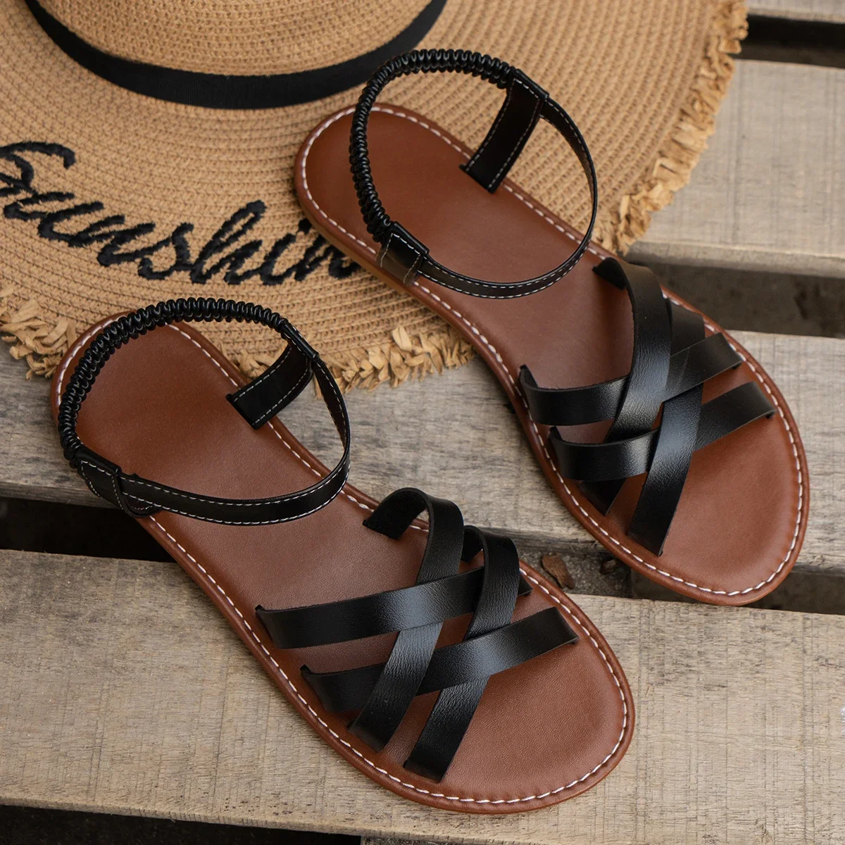 Women Shoes 2024 Summer New Women Flat Sandals Bottom Roman Strap Sandals with Non Slip Rubber Soles Ladies Daily Sandalia