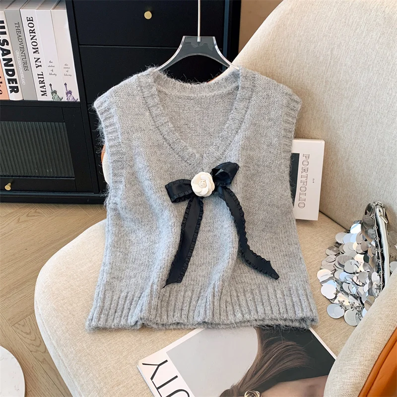 

Женский серый пуловер с бантом, вязаный жилет, жилет, свитер без рукавов, Harajuku, винтажный кашемировый японский свитер с v-образным вырезом 2000-х годов, одежда