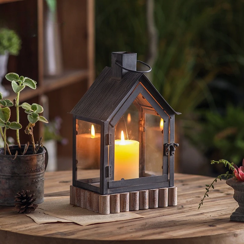 

European Vintage Outdoor Windproof Ornaments Room Home Decors Candle Holder House for Wedding Christmas Decoration Interior