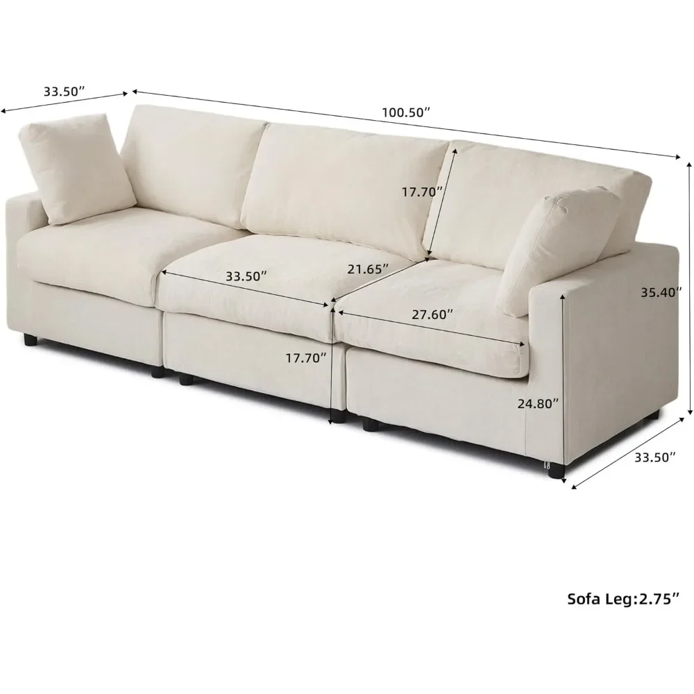 Sofá seccional moderno de chenilla de 3 plazas, sofá nube Modular de asiento profundo para sala de estar, dormitorio, 100 pulgadas