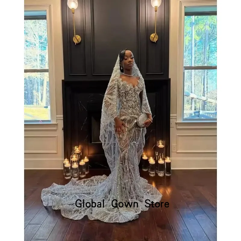 Vintage Silver Lace Mermaid Prom Dresses With Veil 2025 Sparkle Formal Wedding Party  Illusion Lace Evening Gown Customized
