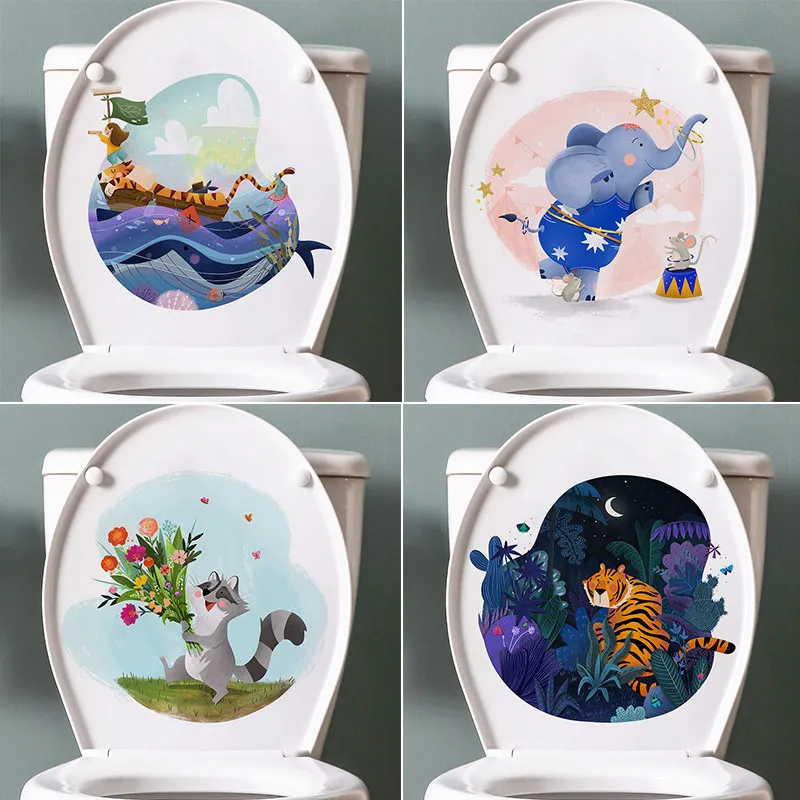 M477 Funny Animals Toilet Stickers Cartoon Child Urination Toilet Lid WC Door Sticker Removable Decor Paper Household