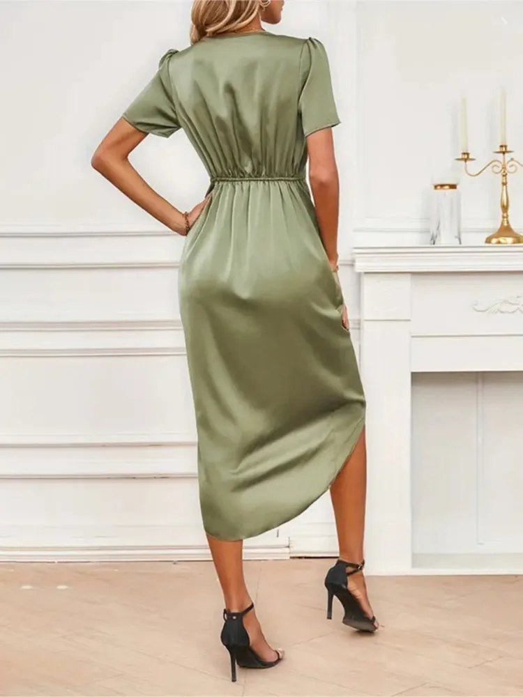 Nice Summer New Arrival Elegant Satin Dress Women V-Neck Short Sleeve Leisure Dress Evening Party Female For Prom Clothing