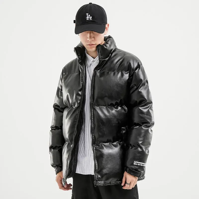 Mens Thicken Solid Parkas Oversized Winter Warm Leather Coats Men Fashion Loose Zipper Cotton Padded Windproof Jackets 2024 New