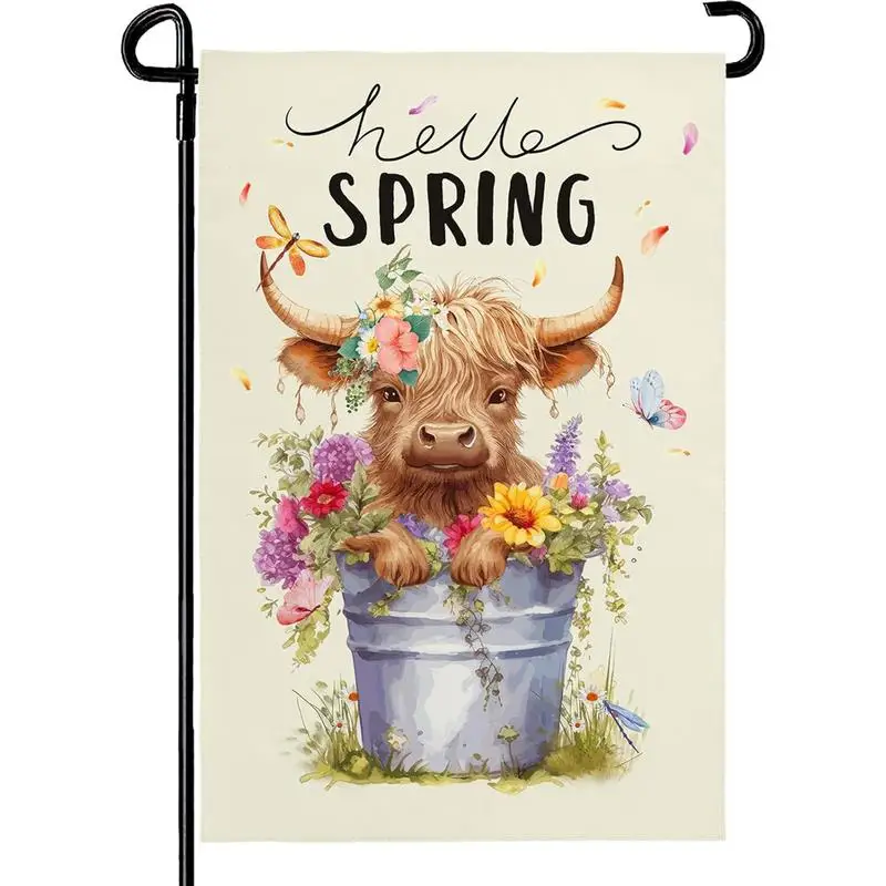 12x18inch Spring Cow Garden Flag Highland Cow Garden Yard Flags for Outside Garden Banner Decor Polyester Flags(NO Holder)