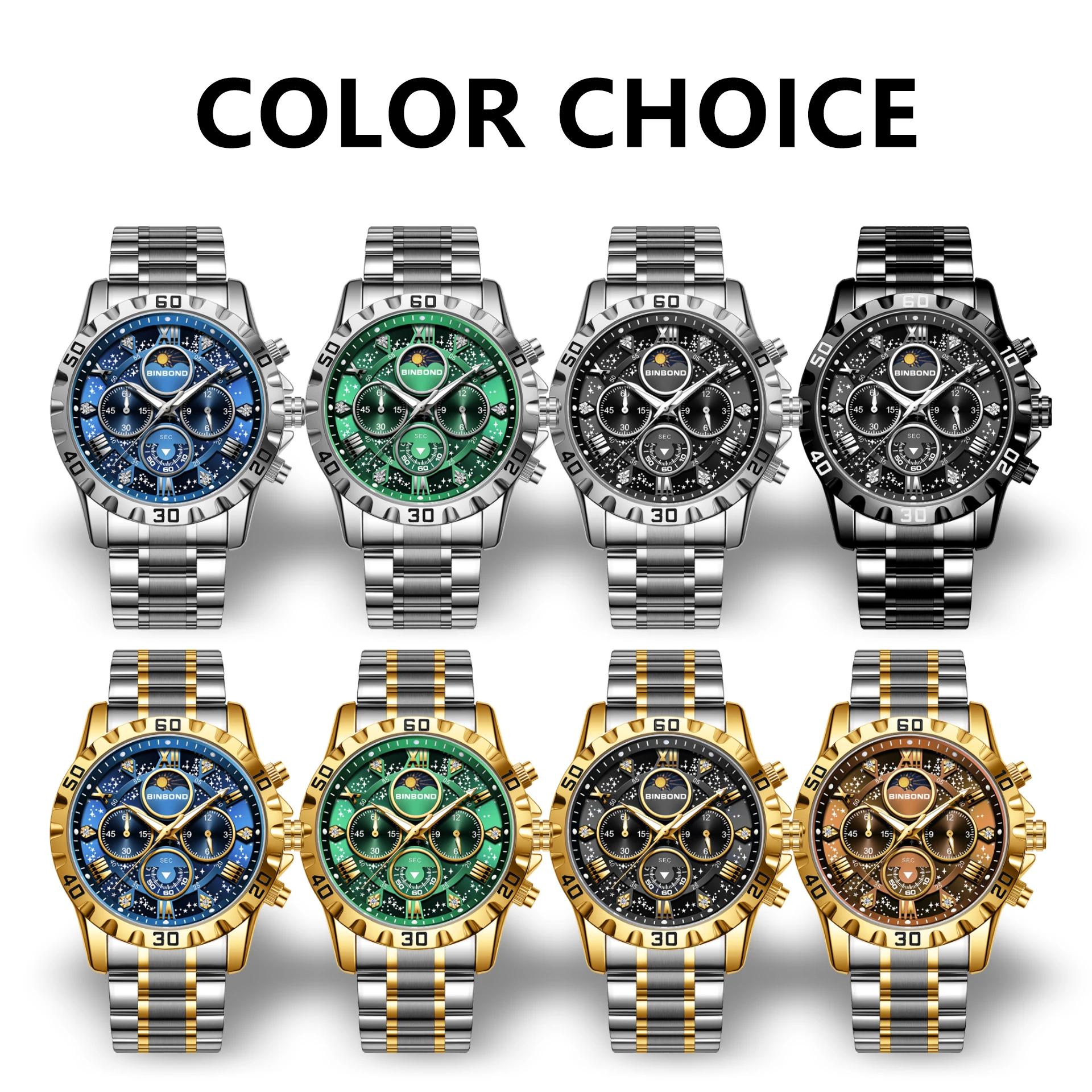 BINBOND ساعات رجالية فاخرة رياضية كوارتز ساعة معصم للرجل مقاوم للماء الفولاذ المقاوم للصدأ مضيئة كرونوغراف تاريخ القمر المرحلة