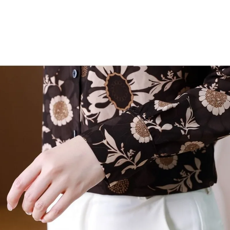 Clothing Turn-down Collar Flower Printing Button Long Sleeve Cardigan Chiffon Shirt Spring Autumn Flattering Office Lady Tops