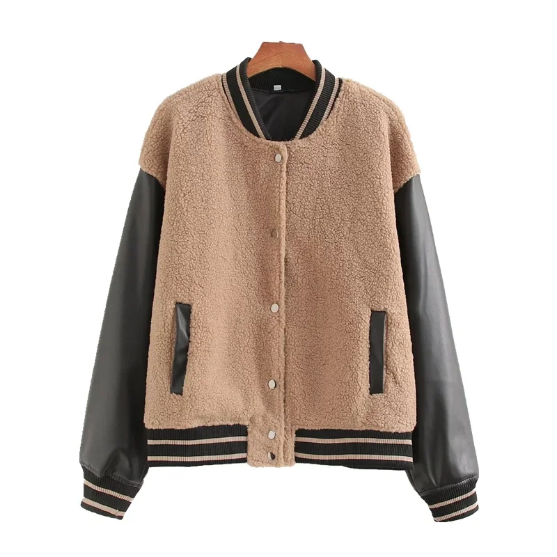 New Women's Faux Leather Spliced Lamb Wool Coat Autumn/Winter Retro style Single Breasted Loose Baseball jacket Top