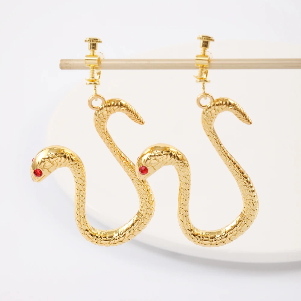 Punk 1 Pair Red Eye Snake Drop Earrings Golden Horrible Serpent Clip Earrings Women Girls Jewelry Freeshipping