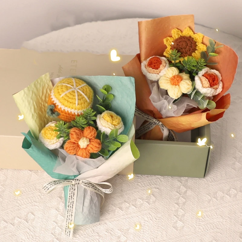 Mini Woven Bouquet Graduation Flower Bouquet Crochet Flowers Valentiness Day Gifts Students Handmade Sunflower Graduation Gifts